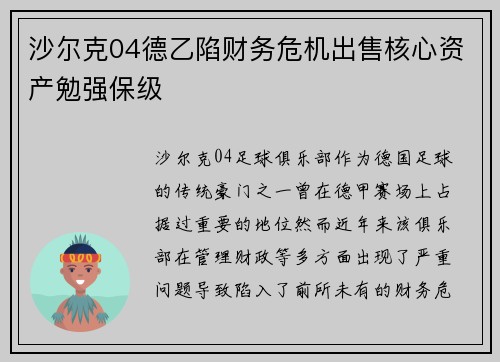 沙尔克04德乙陷财务危机出售核心资产勉强保级 沙尔克04德乙陷财务危机出售核心资产勉强保级